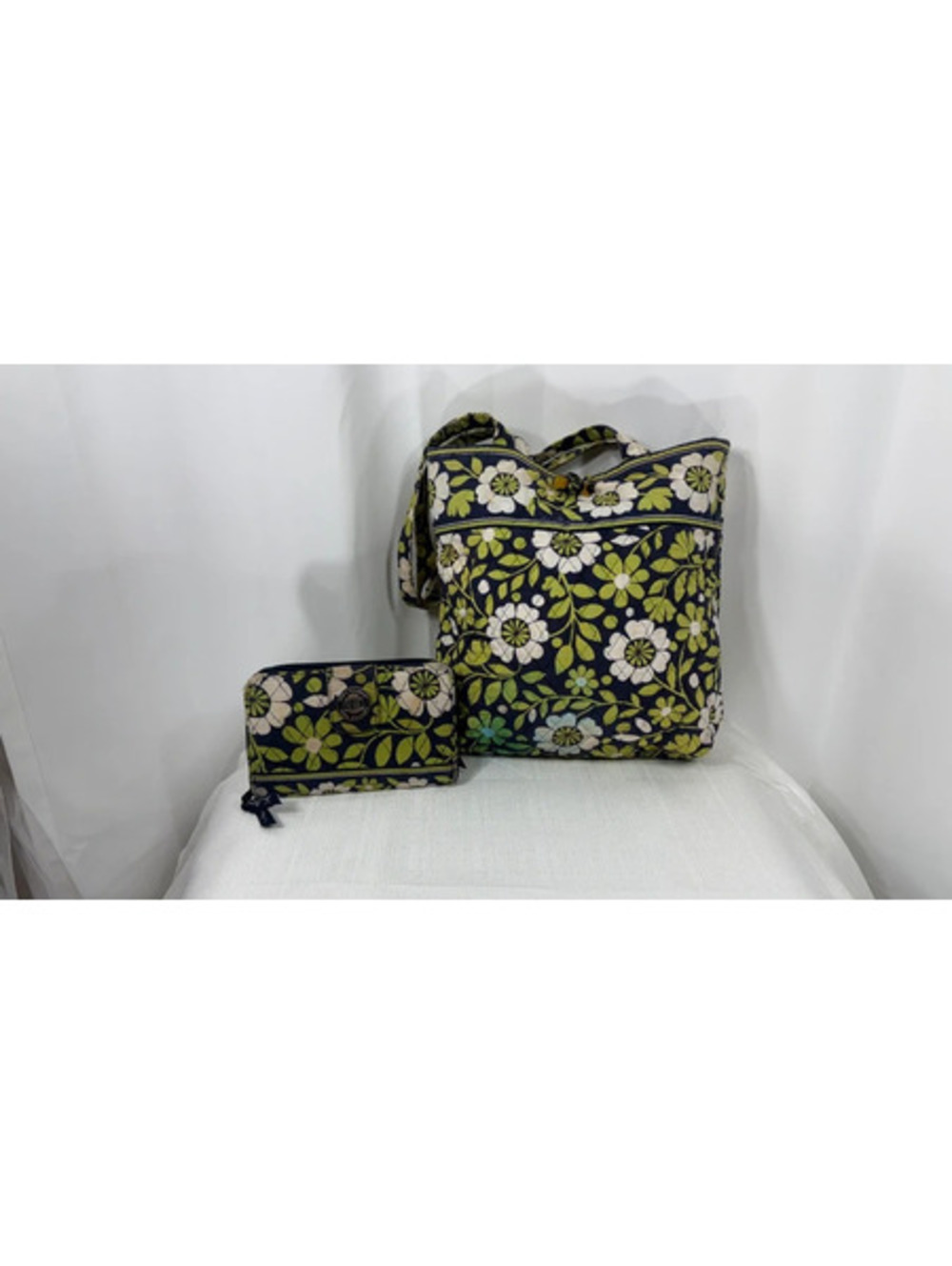 Vera Bradley Vintage Tote Bag Wallet Set Navy Green Floral Print Quilted Cotton